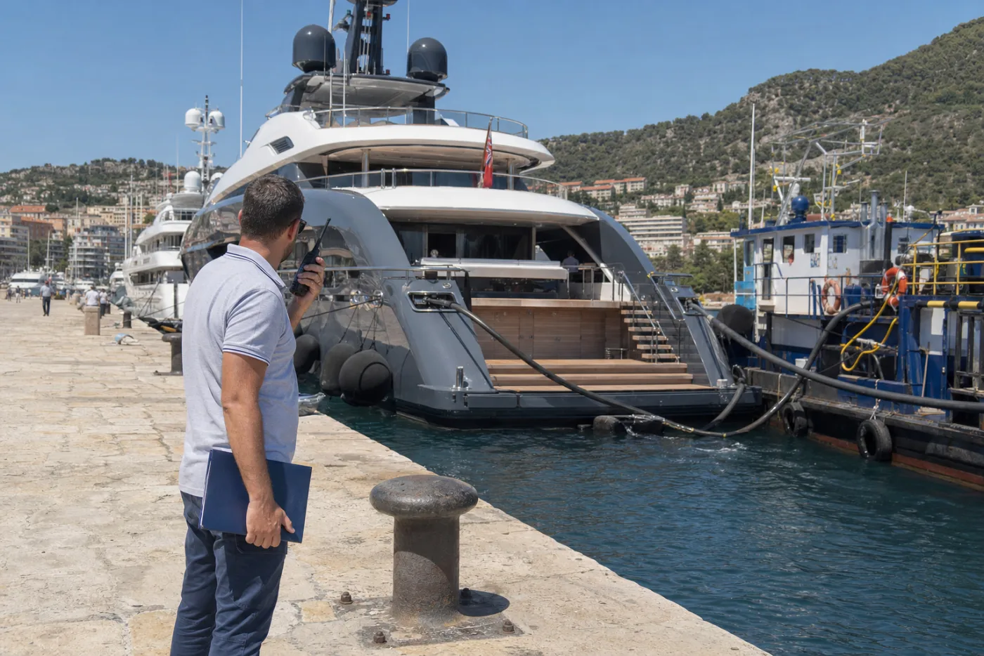 An agent with a radio on a busy quayside beside moored yachts
